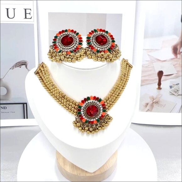 Gold Plated Enamel Red CZ Beaded Tassel Stud Earrings Layered Choker Necklace - Picture 7 of 7